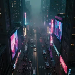 megacity streets seen from above, neon signs, giant tv screens, eerie fog, blade runner, ex machina