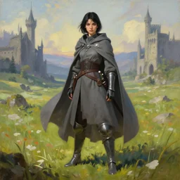 a warrior girl with short black hair wearing a long gray cloak and gray leather boots standing on a medieval fantasy meadow landscape, digital art, oil on canvas, by andreas rocha, trending on artstation, 4k wallpaper, vibrant colors