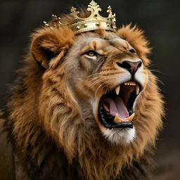 mighty lion roaring with king crown on head. Digital art, cinematic, dramatic, high detail, photographic, sharp focus, illustration, HD, 8k