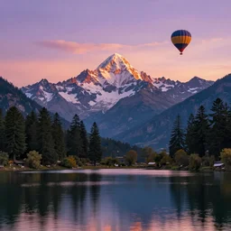 breathtaking himalayan landscape, pastel sunset, lake, realistic reflections, pine trees, hot air balloon, last light on a mountain top, dreamy colors, photorealistic, landscape photography, beautiful, 4 k, trending on artstation, serene, blissful, national geographic