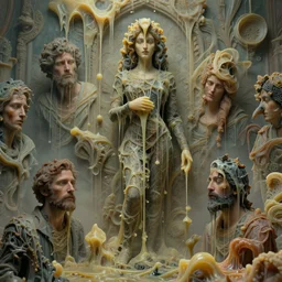 people melting like wax, high detail, 8k, ornate, masterpiece, complex, haze, film still from the movie directed by Denis Villeneuve with art direction by Pablo Picasso and Greg rutkowski, Alex Gray, close up