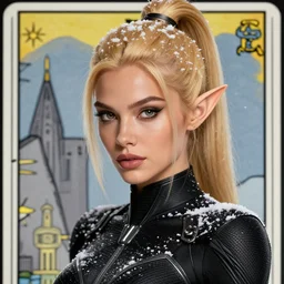 portrait of a sexy elf wearing a black spy suit, face details, golden hair, tied ponytal, brown skin, snow, sharp focus, award - winning, masterpiece, highly detailed, intricate. art by rebecca guay, rossdraws, tarot card