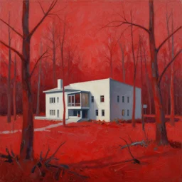 social modernist blockhouse estate in the midle of red, radioactive dead forest, painting, acrylic paint
