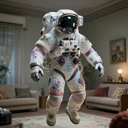 a cybernetic symbiosis of a single astronaut mech-organic eva suit made of pearlescent wearing anodized thread knitted shiny ceramic multi colored yarn thread infected with kevlar,carbon fiber,ceramics,gaseous materials and diamond 3d fractal lace iridescent bubble 3d skin dotted covered with orb stalks of insectoid compound eye camera lenses floats through the living room, film still from the movie directed by Denis Villeneuve with art direction by Salvador Dalí, wide lens,