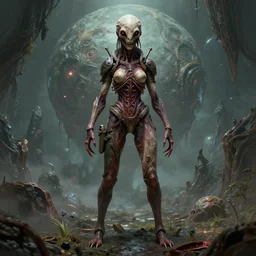 single diseased female on an alien world, artstyle greg rutkowski, horror concept art, model pose, full frame, very intricate details, high resolution, 8 k, award winning