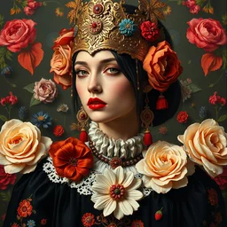 portrait of a medieval warrior yayoi kusama, goth punk, floral flowers, vibrant colors, surreal, a french baroque by jean paul gaultier, art by john collier by greg rutkowski and john william waterhouse, oil on canvas