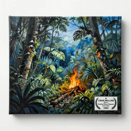craig mullins epic oil on canvas painting of a vietnam war astonishing jungle landscape, a little fire, blue sky, line art!!, ink, winning - award art concept for a book cover!!, harmonic colours, movie still, highly detailed, centered, hyperrealism, smooth, sharp focus trending on artstation, by greg manchess and by kilian eng and by jake parker