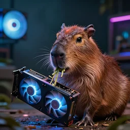 cute capybara eating a neon nvidia gpu, chewing on a video card, cooling fans, cyberpunk, wildlife photography, bokeh, sharp focus, 3 5 mm, taken by sony a 7 r, 4 k, award winning