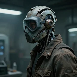 a half - masked rugged laboratory engineer man with cybernetic enhancements as seen from a distance, scifi character portrait by greg rutkowski, esuthio, craig mullins, 1 / 4 headshot, cinematic lighting, dystopian scifi gear, gloomy, profile picture, mechanical, half robot, implants, biopunk