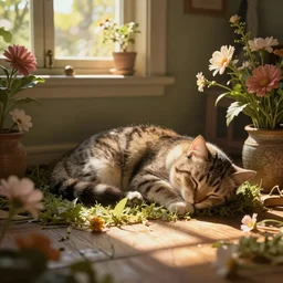 a digital art of a cat sleeping in the room with flowers around in the afternoon, the sun shines in, storybook art, detailed, cute, profile shot, featured on artstation