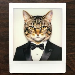 polaroid of aesthetic portrait commission of a of a male fully furry anthro tabby cat and a beautiful attractive hyperdetailed face wearing wearing a tuxedo character design and glasses by dayer, diego 5, detailed, inked, award winning film poster painting