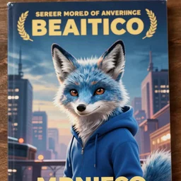 modern adventure movie poster, featuring in anthropomorphic blue fox in a blue hoodie, artistic metro city background, promotional print media