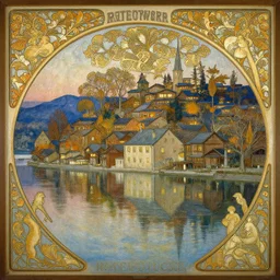 a beautiful intricate painting of laketown at twilight, reflections, very high details by william turner art, greg rutkowski and alphonse mucha, trending on artstation, very very detailed, masterpiece,