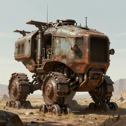 a concept art illustration, fantasy rusty vehicle with mechanical feet, megafauna creature, hyper realistic, photorealistic, art by wlop, hyper detail, trending on artstation, cgsociety, ultra sharp, digital painting