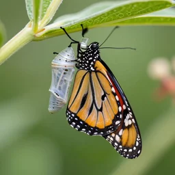 robotic monarch butterfly emerging from cocoon on milkweed, greg rutkowski