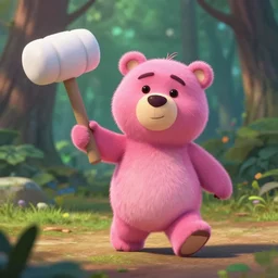pink chocolate teddy bear walking in a forest in the croods movie style, holding a hammer mallet large & white, anime, disney, pixar, 8 k, hd, dof, kodak film, volumetric lighting, subsurface scattering, photorealistic, octane render, details