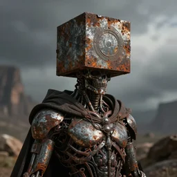 priest of hell, hyper realistic, sharp focus, detailed concept art, metal rusted cube on head, biomechanical, symbolist, gothic
