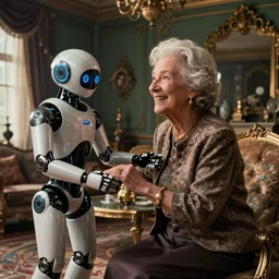 VFX movie portrait of happy old woman helping a futuristic assistant robot in a decadent living room by Emmanuel Lubezki