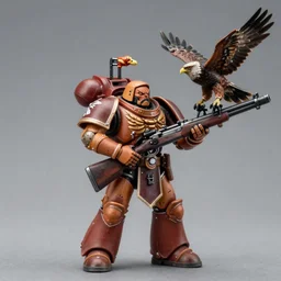 warhammer 4 0 k kroot warrior holding a long rifle with a bird of prey perched on it, product photo