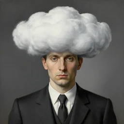 portrait of a man in a suit, his head is a cloud, by rene magritte, detailed painting, hd, hq, high resolution, high detail, 4 k, 8 k