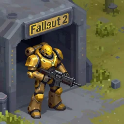 fallout enclave fighter in power armor with a minigun in his hands stands next to the entrance to the fallout shelter, fallout 2 stylization, pseudo 3 d isometry, pixel, post - apocalypse,