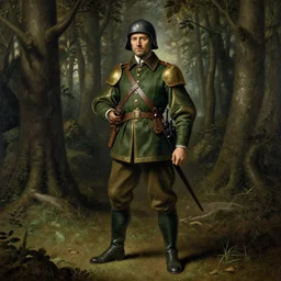 soldier of the future in the forest by leonardo da vinci, highly detailed, trending on artstation, hyperrealism, matte painting, dutch golden age, fine detail, cgsociety