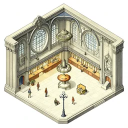 detailed details isometric building interior, train station, fantasy, in the style of moebius