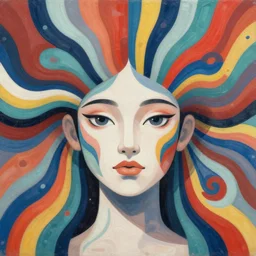 the face of a young goddess emerging from many - colored streams of paint, psychedelic, trippy, abstract, cubist, symmetric, mirrored, abstraction, fractal patterns, mirrored, irridescent, vector art, hyper detailed, trending on artstation, luminescent, by sachin teng, by alphonse mucha