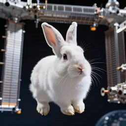 a cute white rabbit floating inside the international space station, realistic, professional photography, 4 k, sharp lens, focus, depth of field