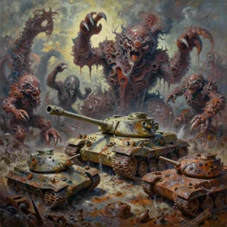oil painting nightmare army tanks clawed chaos landscape fecund afraid of tank treads hooped around destroyed rustscape in primoridal slimes in mollusk skins, cinematic, fine art, ornate masterpiece, by jack gaughan