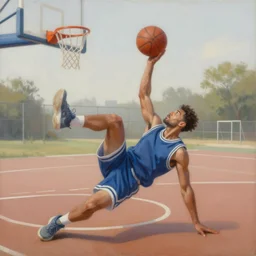 dynamic painting of Davy Jones dunking a ball in an open basketball field, clean painting, low details, close shot, 4K,