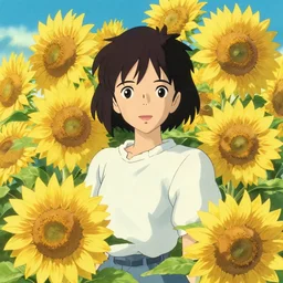 anime lady surrounded by sunflowers, concept art by ghibli craig mullins and rossdraws