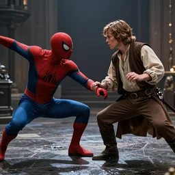 dramatic movie still of Spider-Man fighting Luke Skywalker #wow