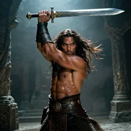 film still from conan the barbarian, jason momoa as conan holding a giant sword with both hands above his head, in the catacombs of evil, fantasy armor, volumetric lighting, mist, wet skin and windblown hair, muscular!!!, heroic masculine pose, ridley scott