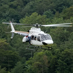 a man flying through the forest, helicopter blades attached to his back