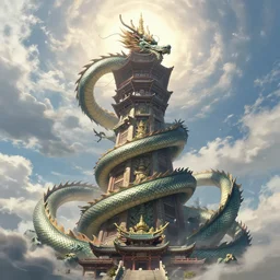 gigantictower, majestic japanese dragon, ryuu, winding around the gigantic tower, reaching for the sky, wadim kashin, artstation, 4 k, concept art, grimgar