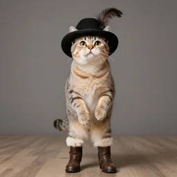 cat standing on two legs, wearing boots and a feathered hat
