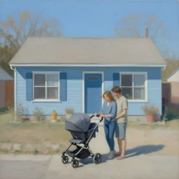 a couple with a stroller outside of a small suburban house, dusty blue. beautiful painting by artgerm and greg rutkowski