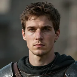 dramatic cinematic artwork of a single medieval commander in his twenties with brown hair, hazel eyes and a small chin staring into the distance solemnly with his warriors in front of his warriors by greg rutowski, 4 k, masterpiece, sun rays