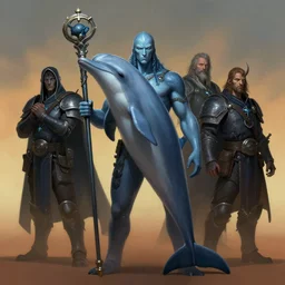 full character potrait of a genetic combination between dolphin & human, holding a ceremonial staff, zdzislaw beksinski, lewis jones, dariusz zawadzki, wayne barlow, warhammer fantasy, cold hue's, warm tone gradient background, concept art, 4 k, ultra - high - definition