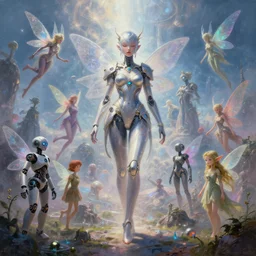 a centered render of a beautiful painting of materverse and utopia, many robot fairy and elf, trending on artstation, cyber punk, futurism, unreal engine, high detailed, 8 k
