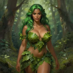 portrait of a forest mage, female, buxom, dress made of green leaves, gorgeous, green hair, brown skin, curves, forest background, digital painting, artgerm and greg rutkowski and alphonse mucha