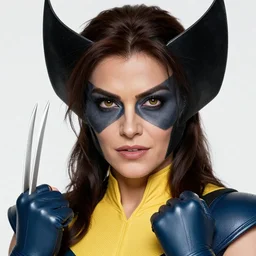 beautiful female classic wolverine, claws, detailed perfect face, exquisite details, high quality, intricate clothing, marvel comics, x - men, yellow and blue suit, mid view, spiderman pose, by studio muti, greg rutkowski makoto shinkai takashi takeuchi studio ghibli