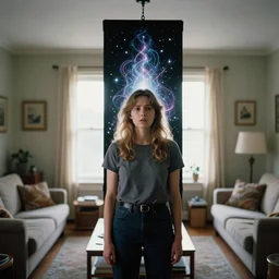 backlit photograph of awestruck young woman standing in front of tall black box radiating esoteric energy in suburban living room, crisp focus, highly detailed, in nicolas roeg style, 3 5 mm ektachrome