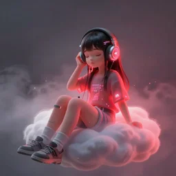 a cute girl wearing headphones sitting on a cloud relaxing, misty, glows, digital painting, hazy, foggy, red lighting, ambient lighting, 8 k, neon, synthwave, cyberpunk,