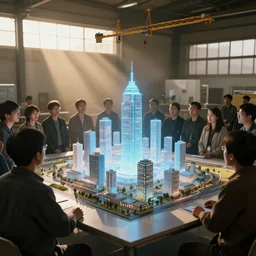 large group people in simple warehouse, looking at hologram of futuristic city on a table, cinematic concept art, godrays, golden hour, natural sunlight, 4 k, clear details, tabletop model buildings, center model buildings, hologram center, crane shot, crane shot, crane shot, clear details, windows
