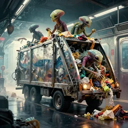 hyperrealistic poster from new scifi movie with subway garbage car wth different aliens eating garbage, deep displacement, back light, reflections, raytracing, raymarching, subsurface scattering, by bernie wrightson, rendering in ostane, color grading by digital domain