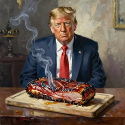 donald trump smokes a brisket on an offset, oil on canvas painting