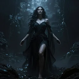 stunning human goddess of beauty rising from the void, dark and mysterious, stopped in time, atmospheric, ominous, eerie, cinematic