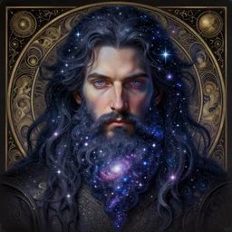 hyperdetailed portrait of a male cosmic god with beard made of stars and galaxy. by greg rutkowski, highly detailed, digital painting, artstation, smooth, sharp focus illustration, artstation hq. intricate, elegant. art by wlop and artgerm and greg rutkowski, alphonse mucha, medium shot. dan mumford, tomokazu matsuyama, takato yamamoto